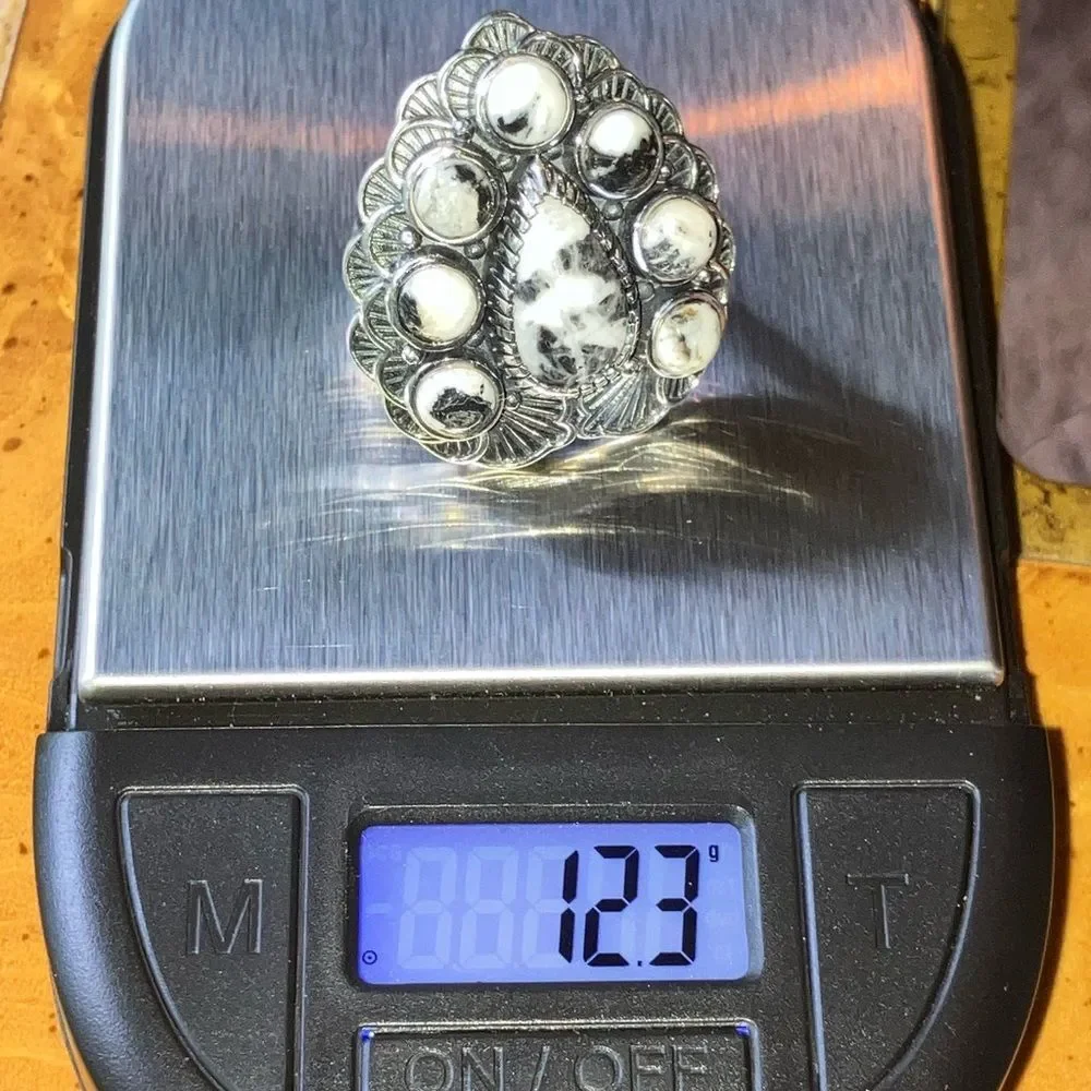 Natural White Buffalo Sterling Silver Artistic Cocktail Ring Size 6